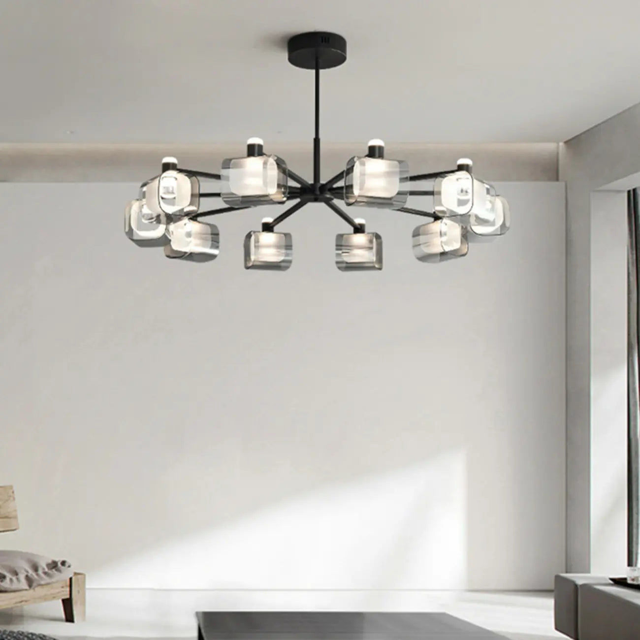 Geometric Adjustable Black Metal Clear Glass Chandelier