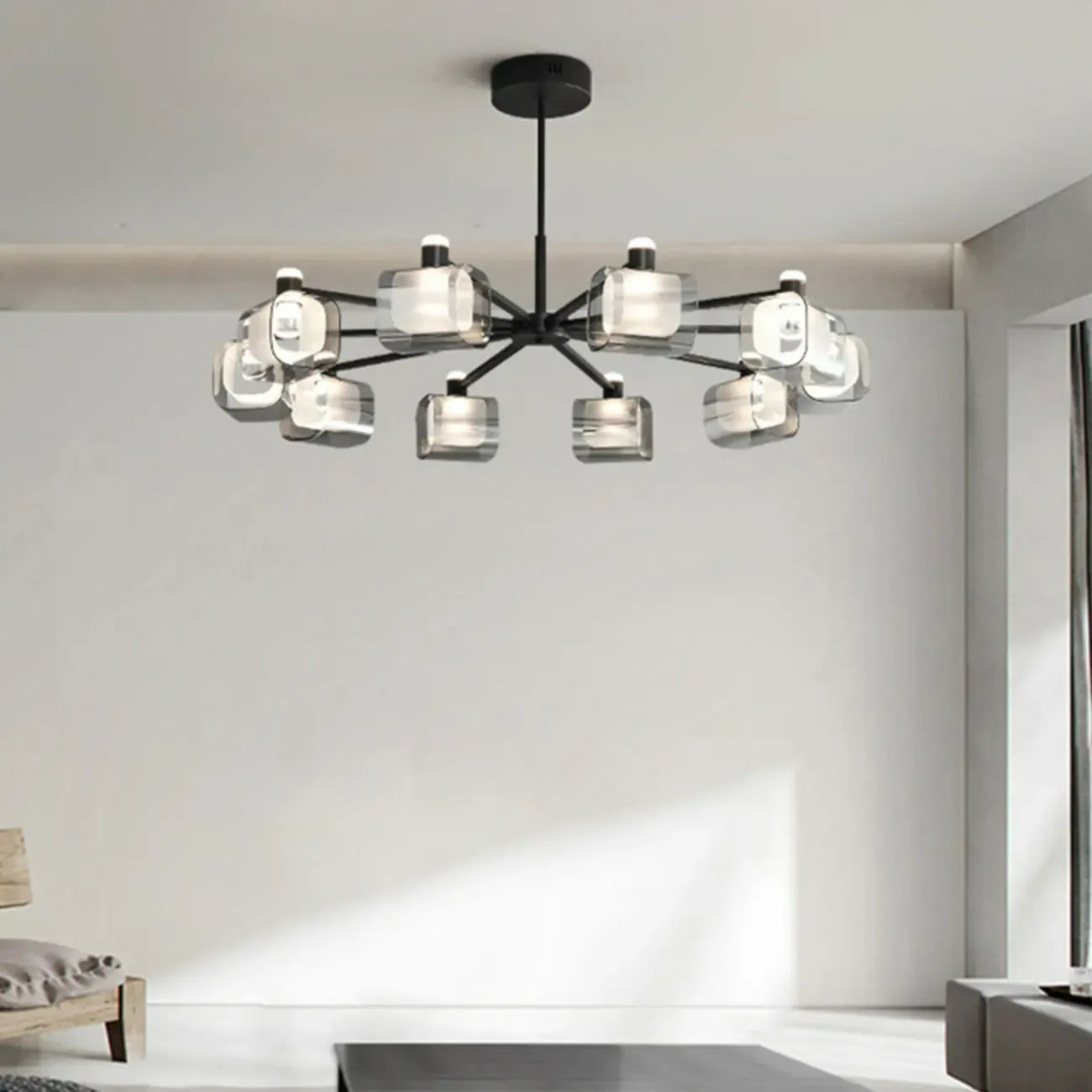 Geometric Adjustable Black Metal Clear Glass Chandelier