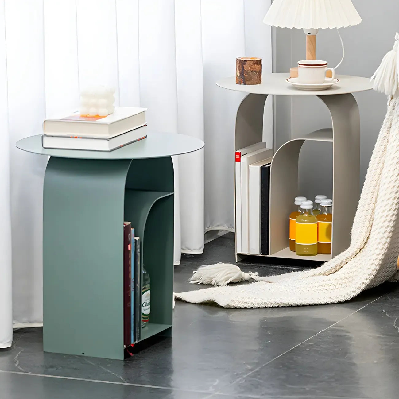 Industrial Narrow White Metal Bedside Table with Round Top