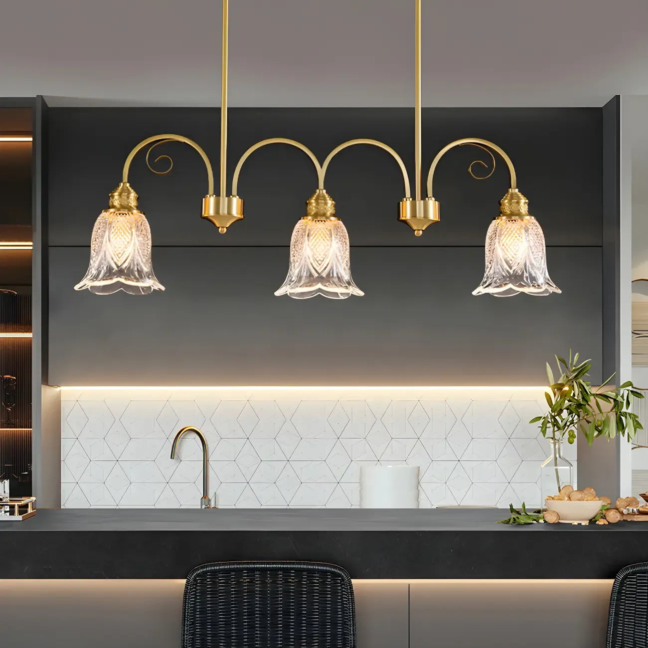 Brass Geometric Island Pendant Light with Glass Floral Shape