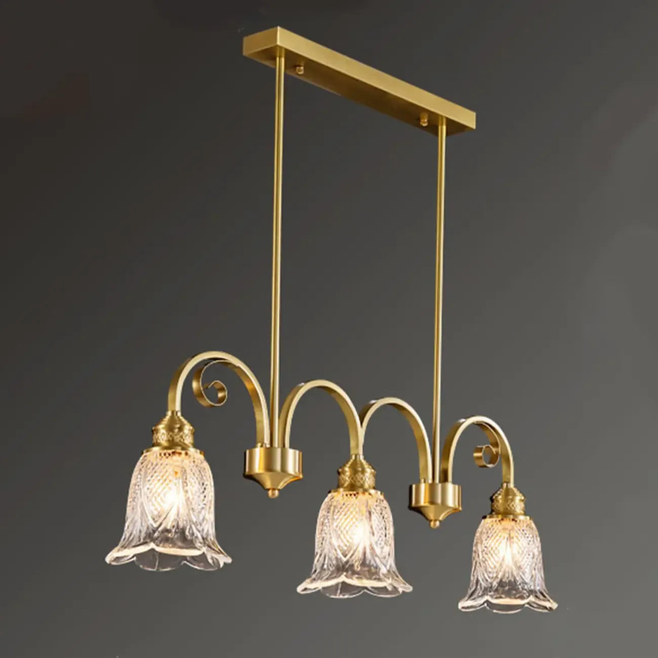 Brass Geometric Island Pendant Light with Glass Floral Shape