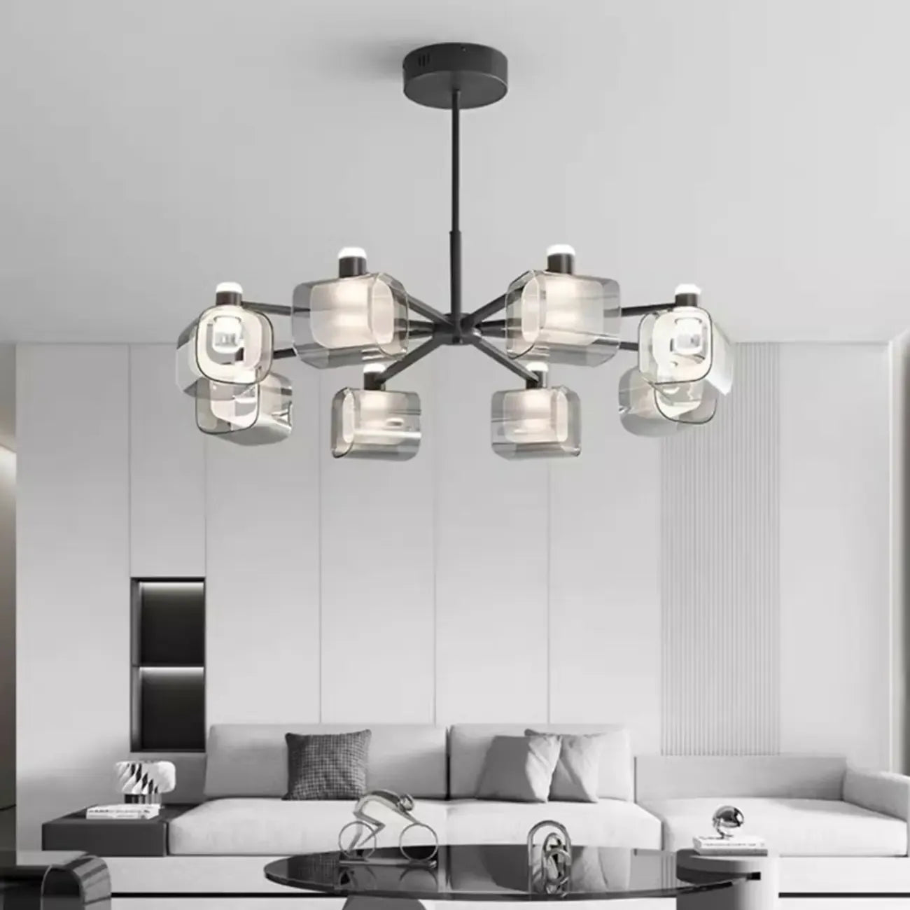 Geometric Adjustable Black Metal Clear Glass Chandelier