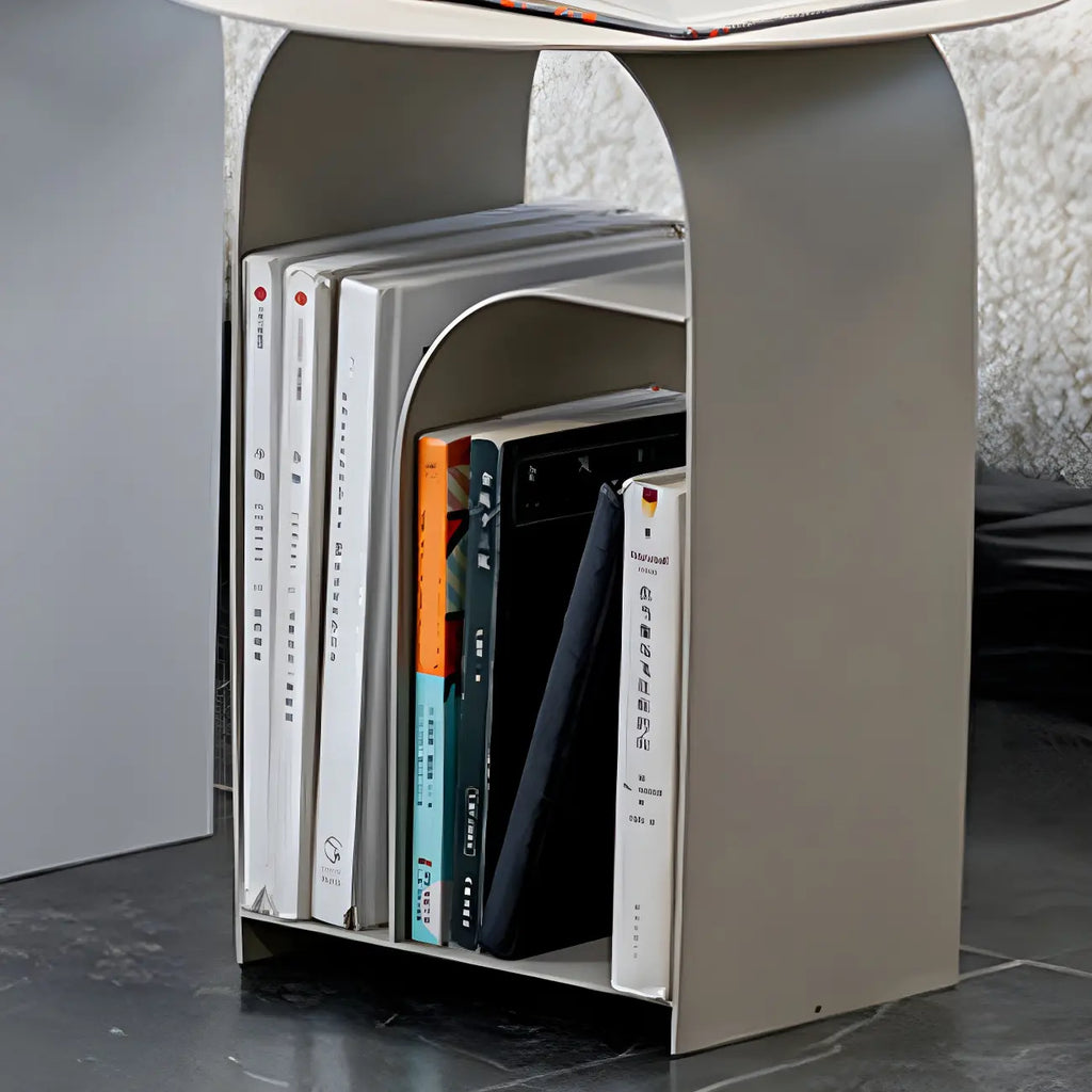 Industrial Narrow White Metal Bedside Table with Round Top