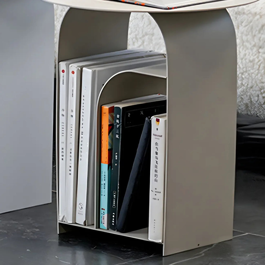 Industrial Narrow White Metal Bedside Table with Round Top