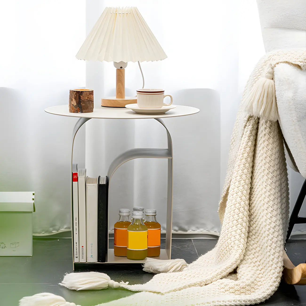 Industrial Narrow White Metal Bedside Table with Round Top