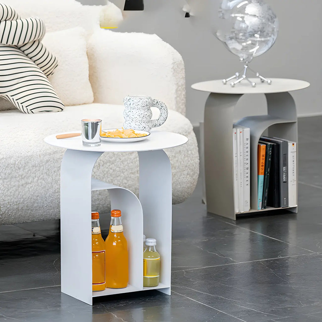 Industrial Narrow White Metal Bedside Table with Round Top