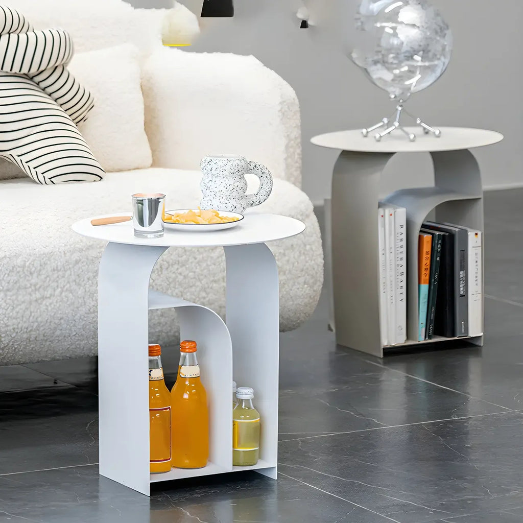 Industrial Narrow White Metal Bedside Table with Round Top