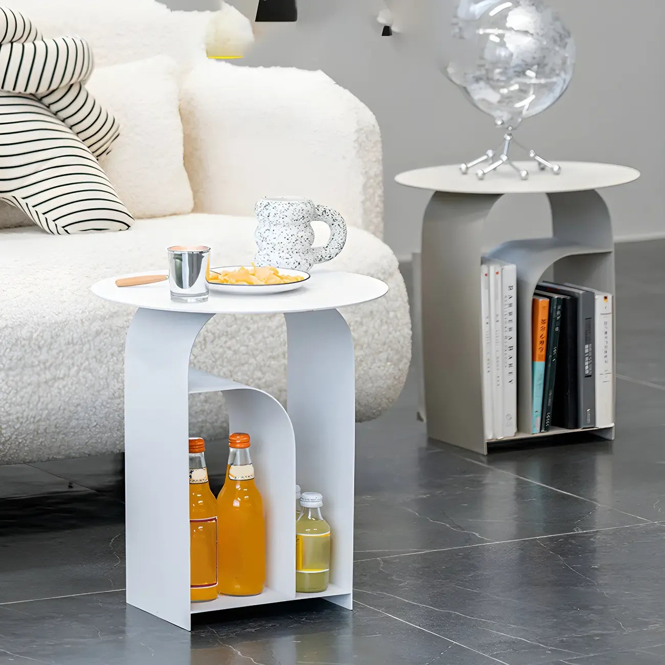 Industrial Narrow White Metal Bedside Table with Round Top