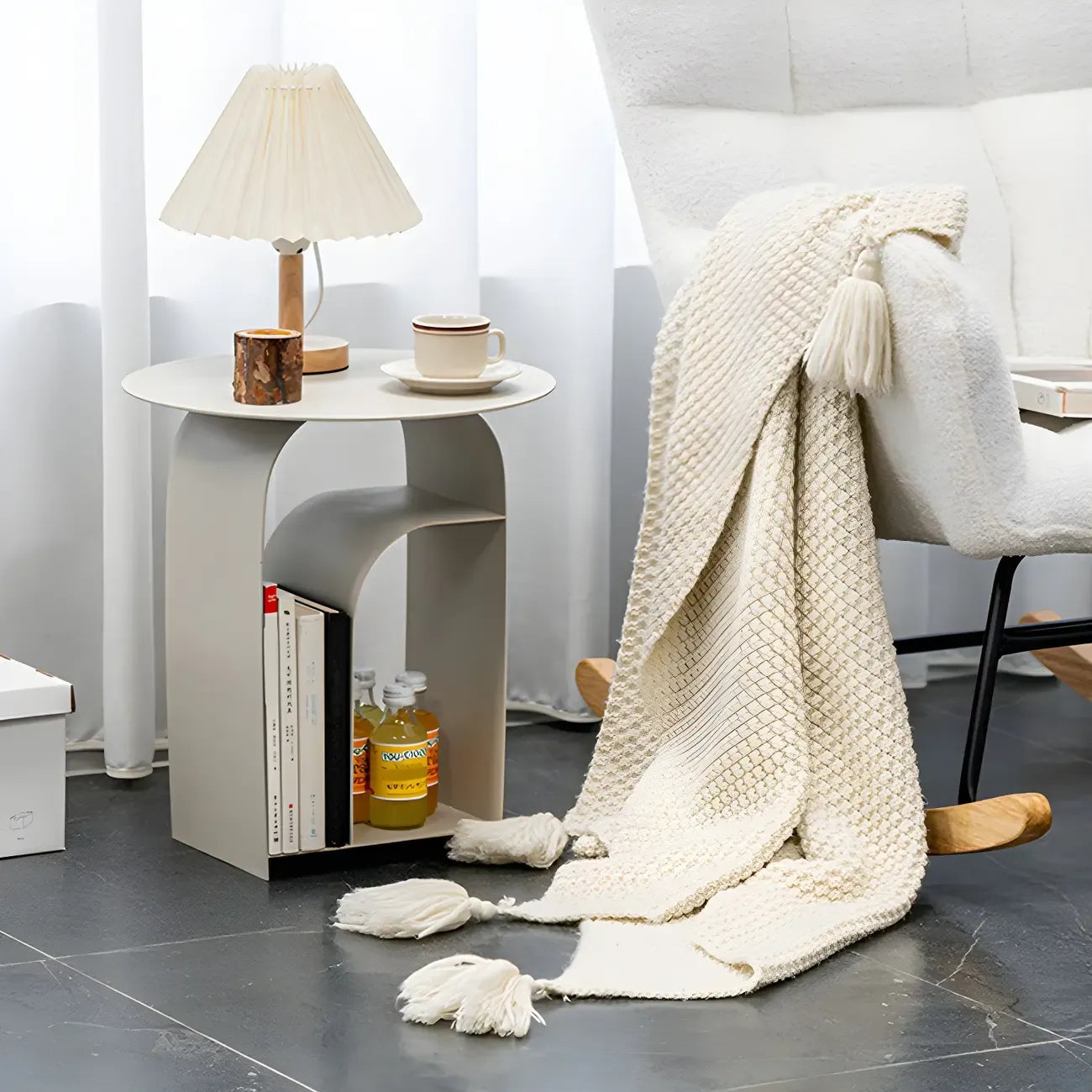Industrial Narrow White Metal Bedside Table with Round Top