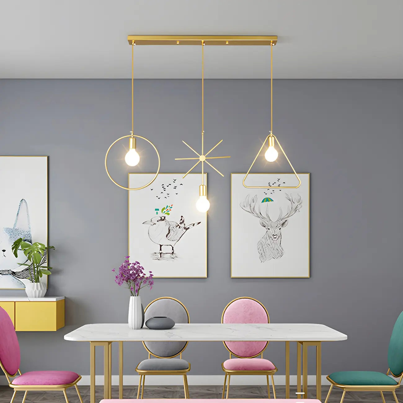 3 Lights Gold Industrial Geometric Metal Island Light Fixture