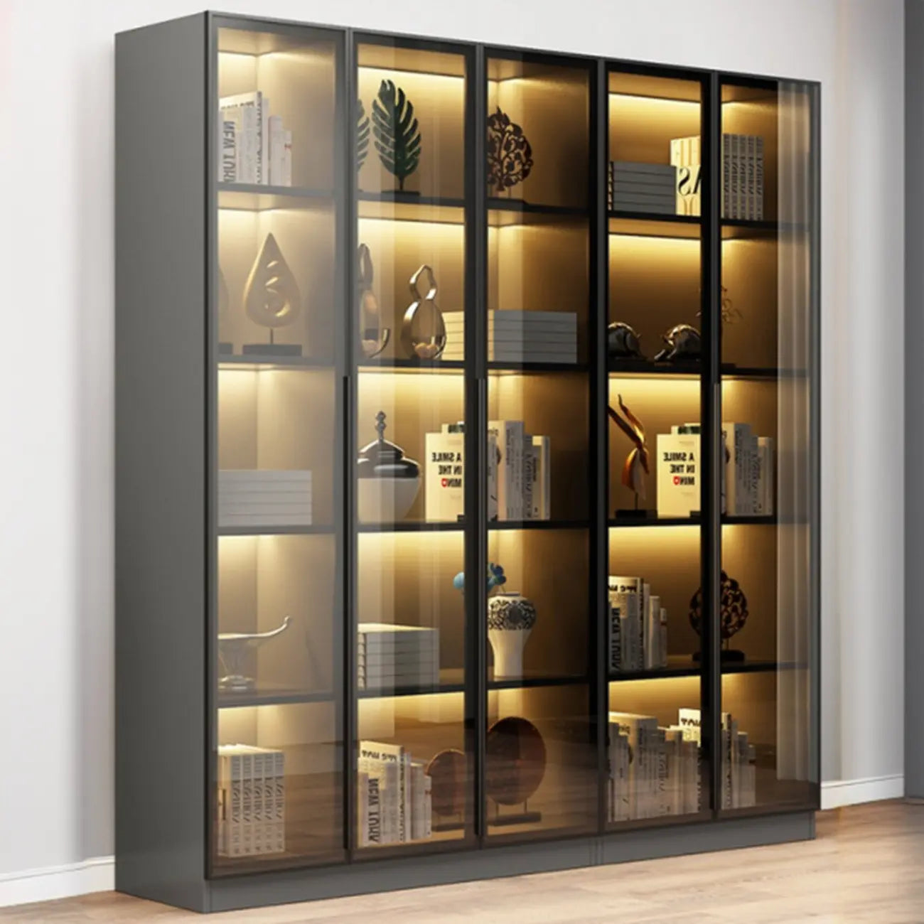 Elegant Glass Bookcase with LED Lighting for Office