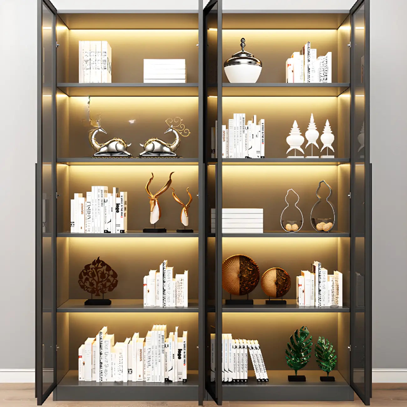 Elegant Glass Bookcase with LED Lighting for Office