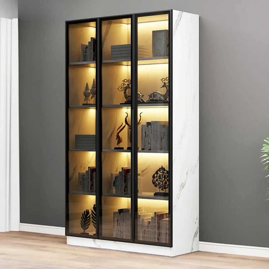 Elegant Glass Bookcase with LED Lighting for Office