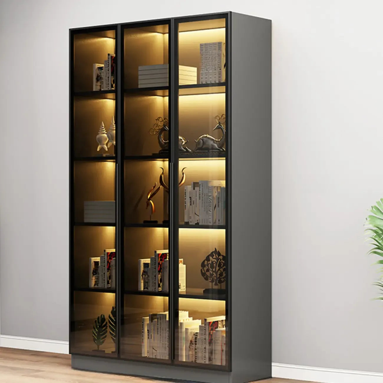 Elegant Glass Bookcase with LED Lighting for Office