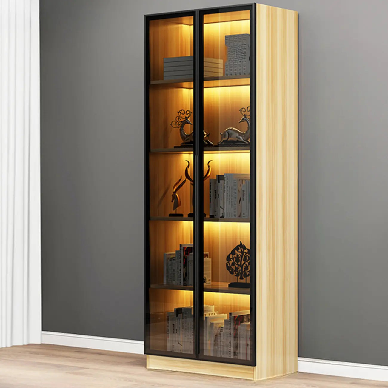 Elegant Glass Bookcase with LED Lighting for Office