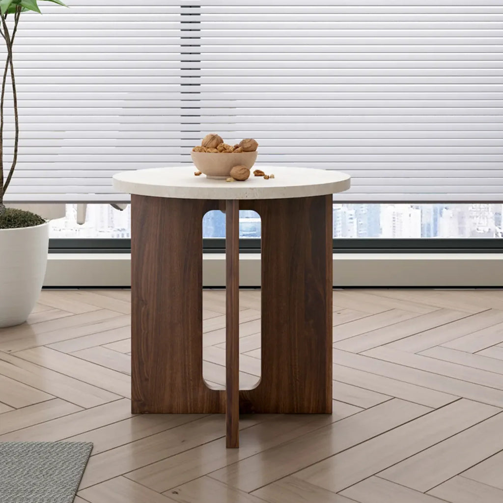 Minimalist Round Brown Wood End Table for Living Room
