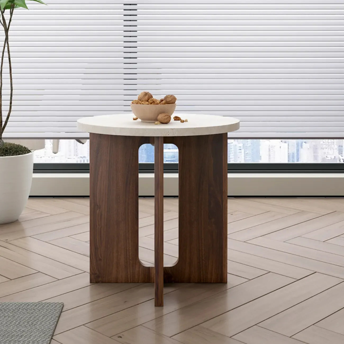 Minimalist Round Brown Wood End Table for Living Room