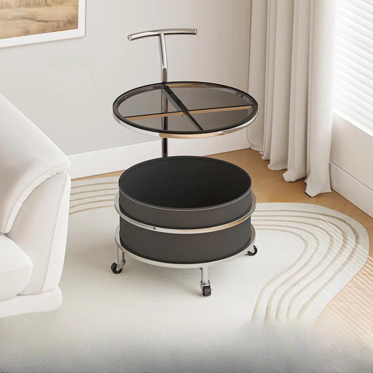 Vintage Round Side Table with Wheels and Storage