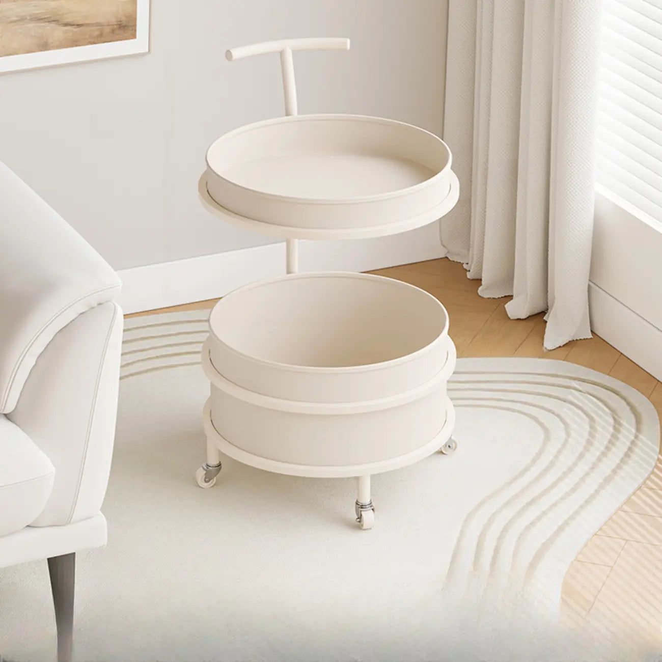 Vintage Round Side Table with Wheels and Storage