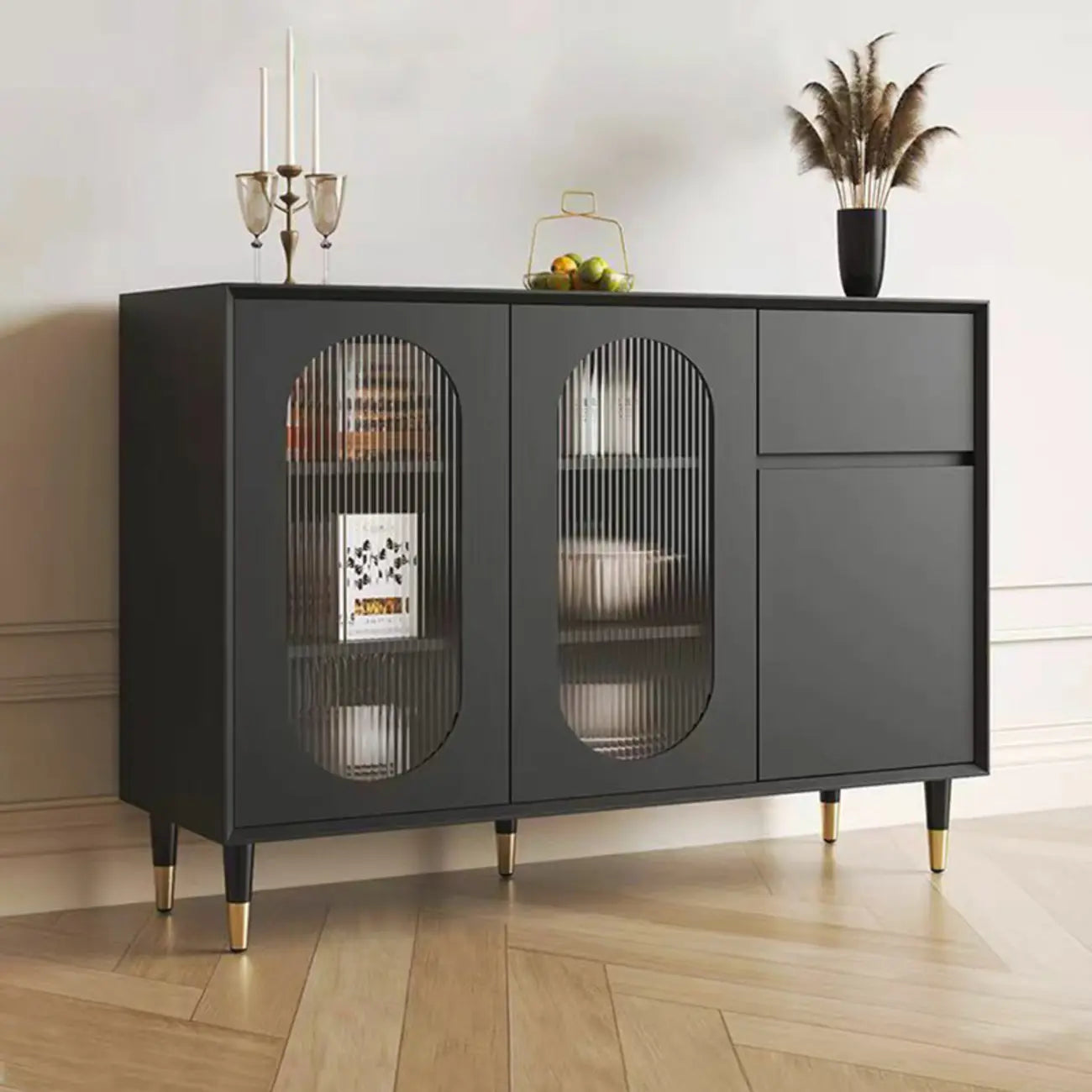 16W Glam Wooden Sideboard with Glass Doors & Cabinets