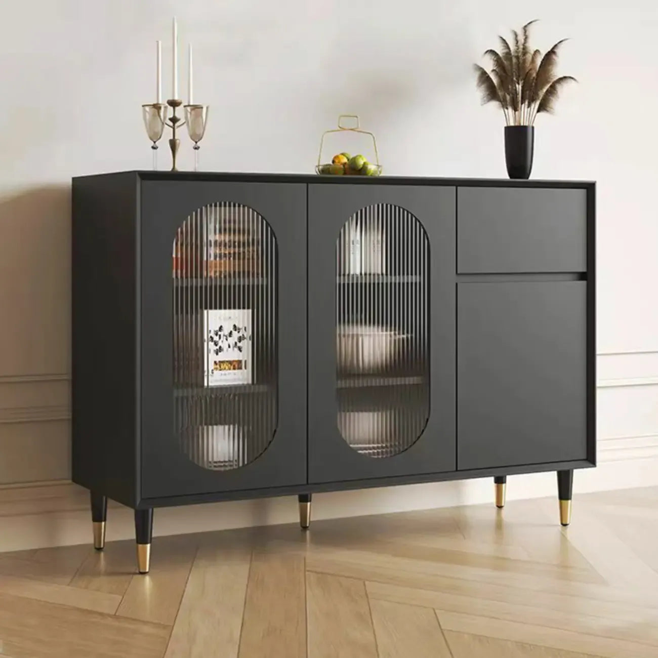 16W Glam Wooden Sideboard with Glass Doors & Cabinets