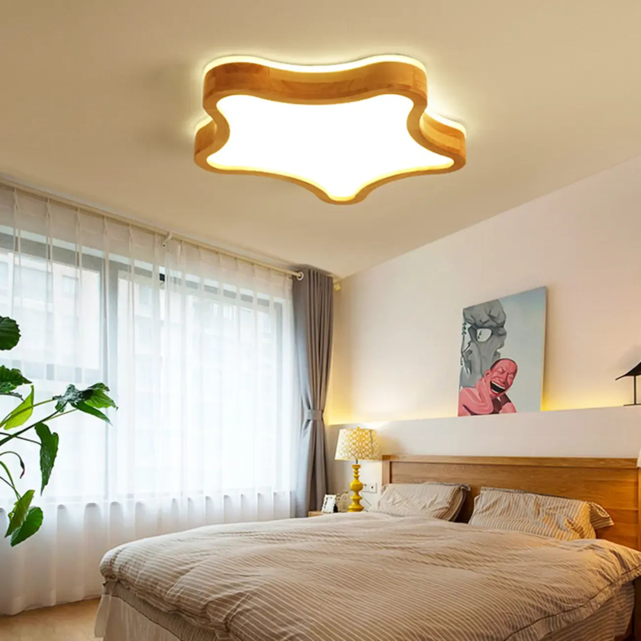 Elegant Natural Finish Star Flush Ceiling Light for Bedroom