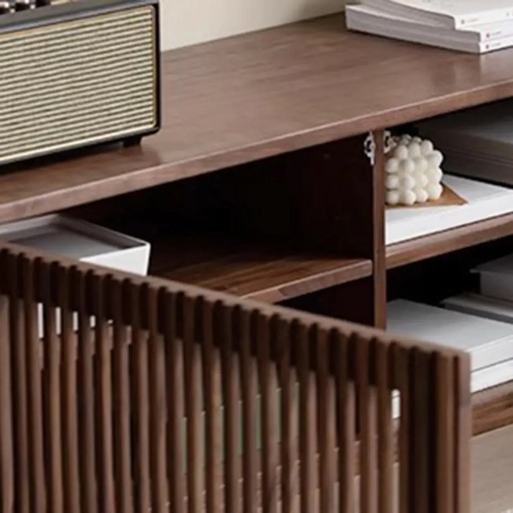 Contemporary Rectangle Brown Fluted Wood Cabinet TV Stand