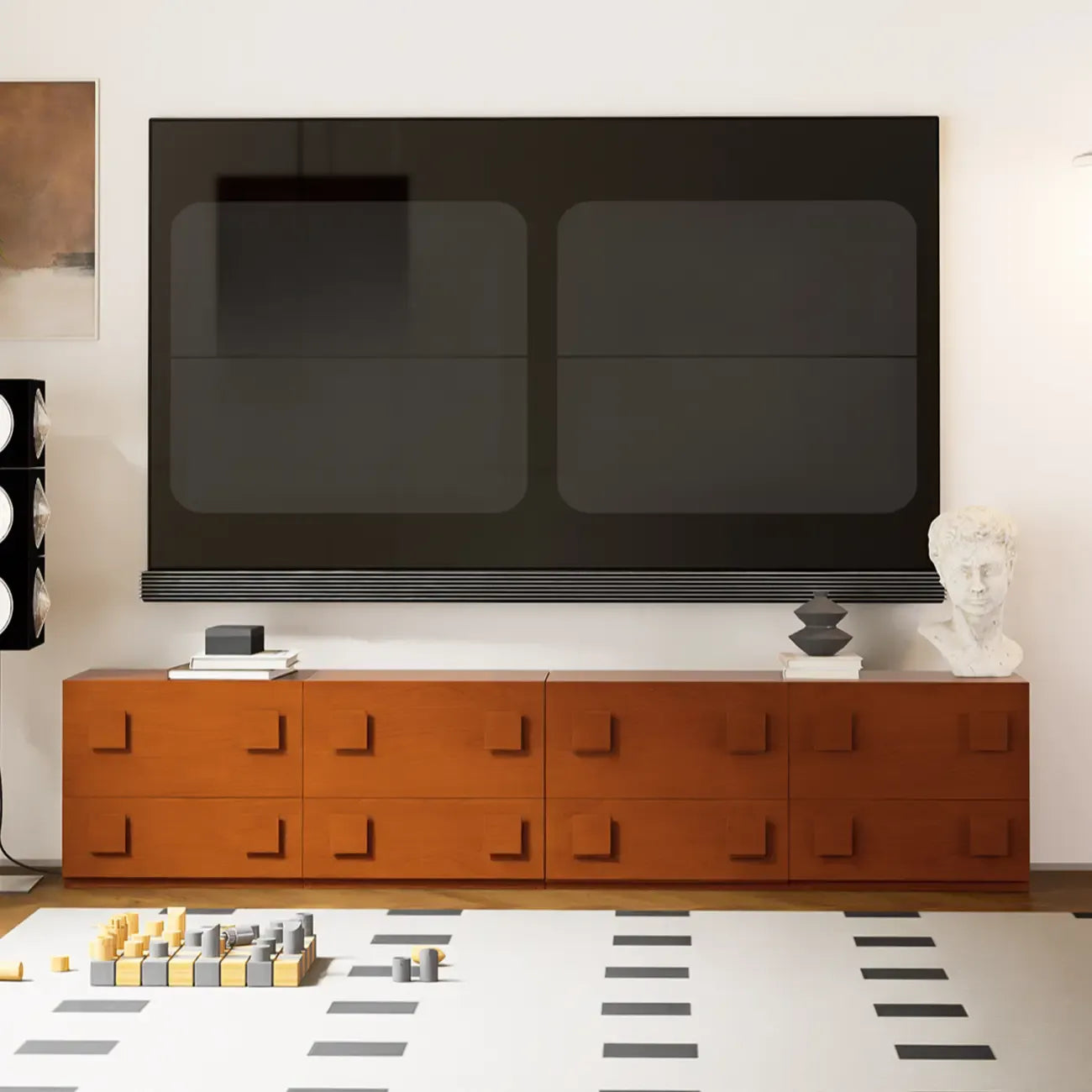 91 Mid-Century Brown Long Pine Wood TV Stand with Drawers