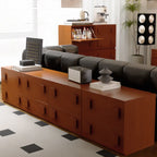 91 Mid-Century Brown Long Pine Wood TV Stand with Drawers