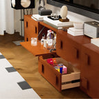 91 Mid-Century Brown Long Pine Wood TV Stand with Drawers