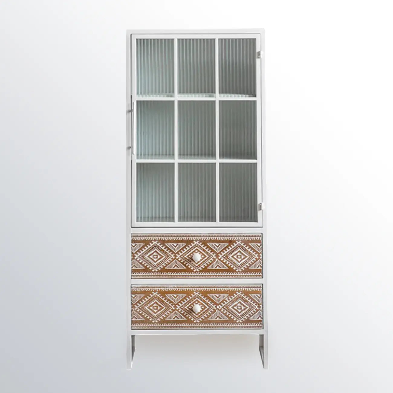 Bohemian White Accent Cabinet with Glass Door & Drawers