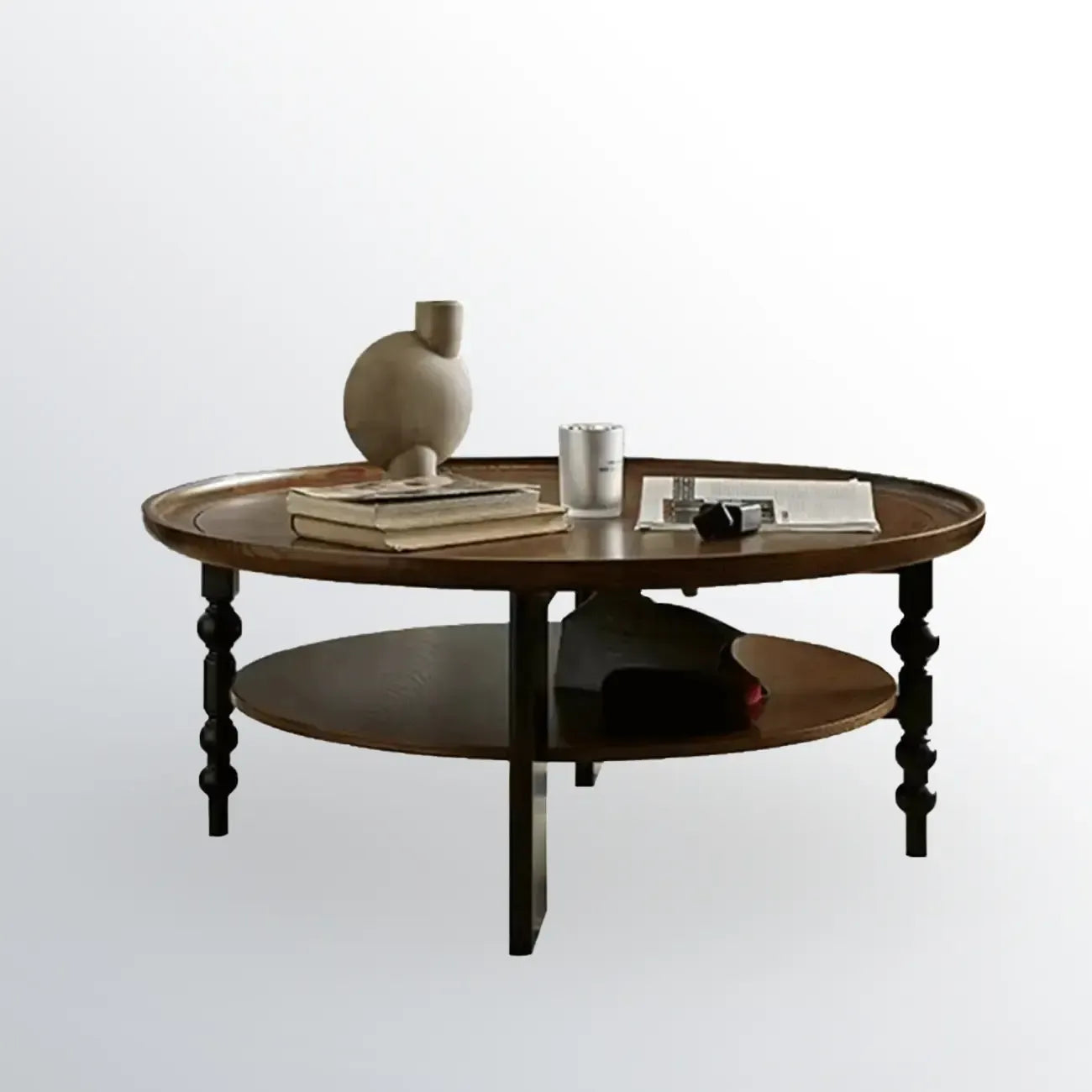 Vintage Wooden Round Coffee Table with Shelf & Tray Top