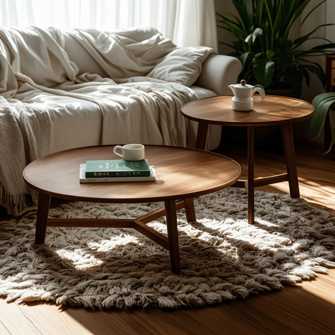 Mid-century Wooden Round Coffee Table Set with Cross Legs