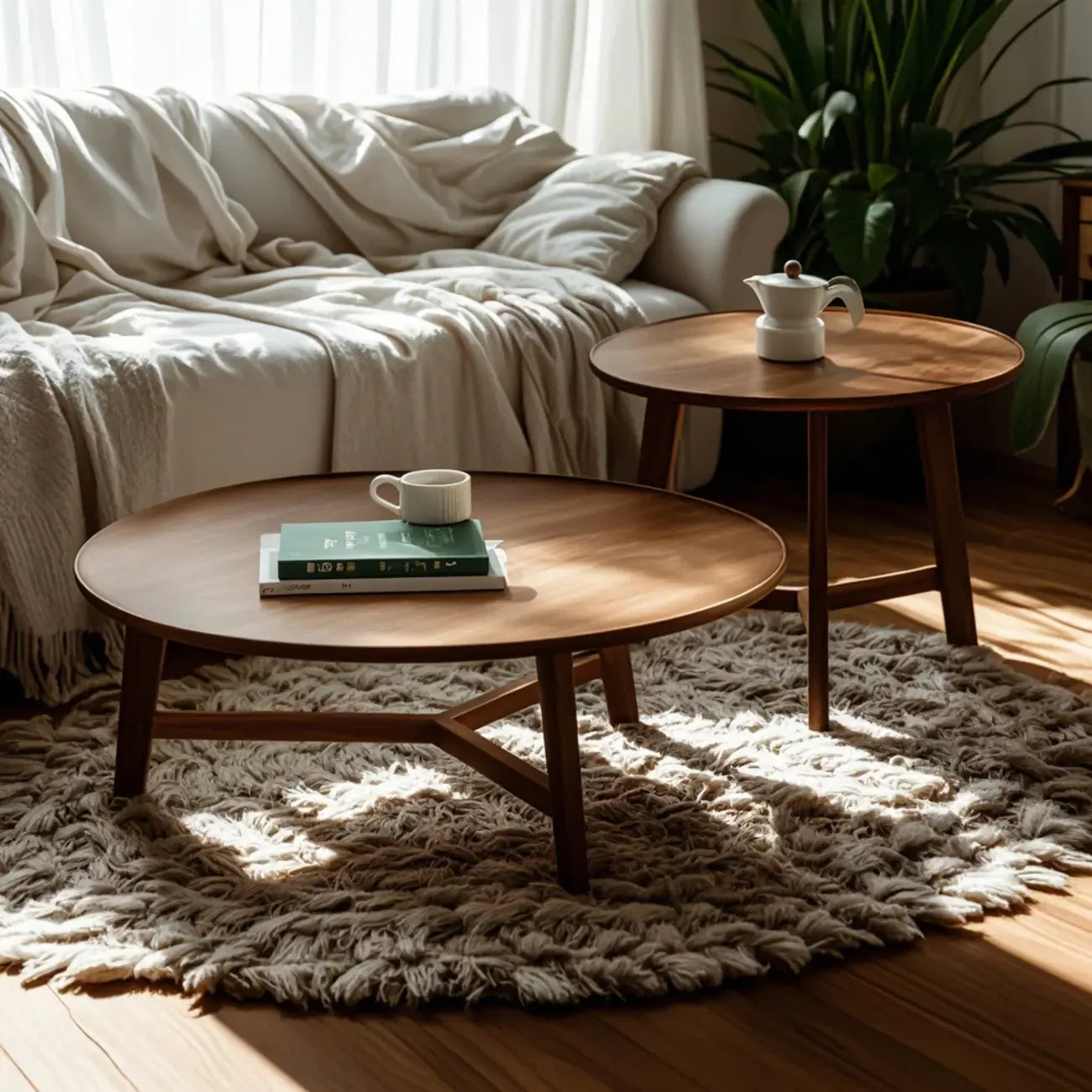 Mid-century Wooden Round Coffee Table Set with Cross Legs
