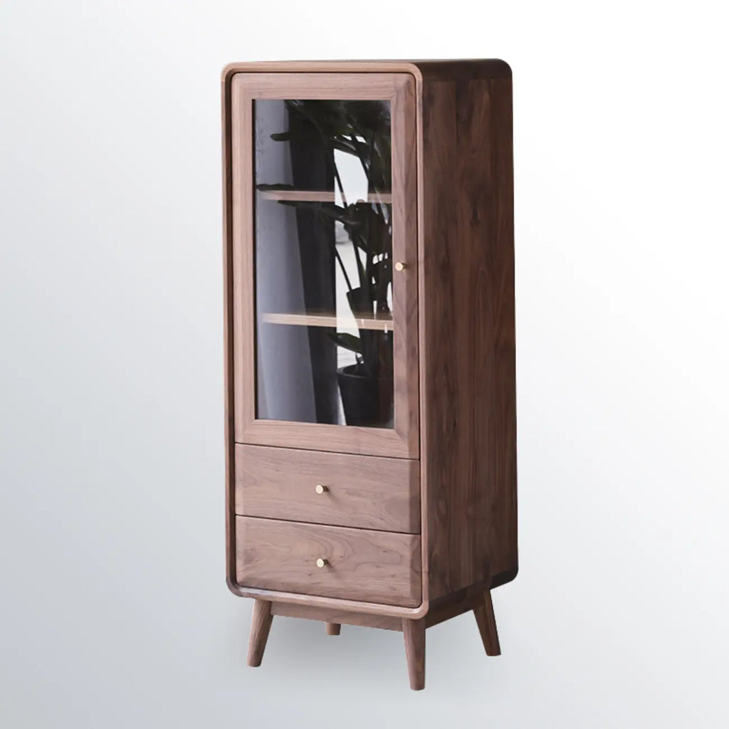 2-Drawer Mid-Century Brown Accent Cabinet with Gass Door