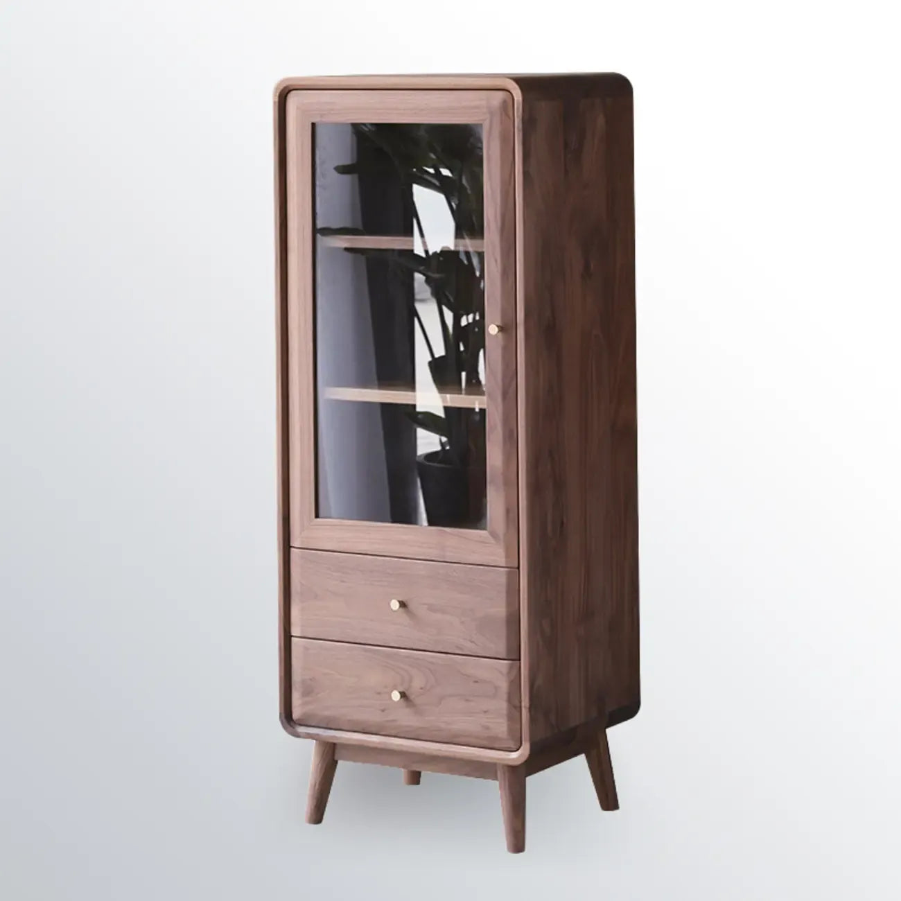 2-Drawer Mid-Century Brown Accent Cabinet with Gass Door