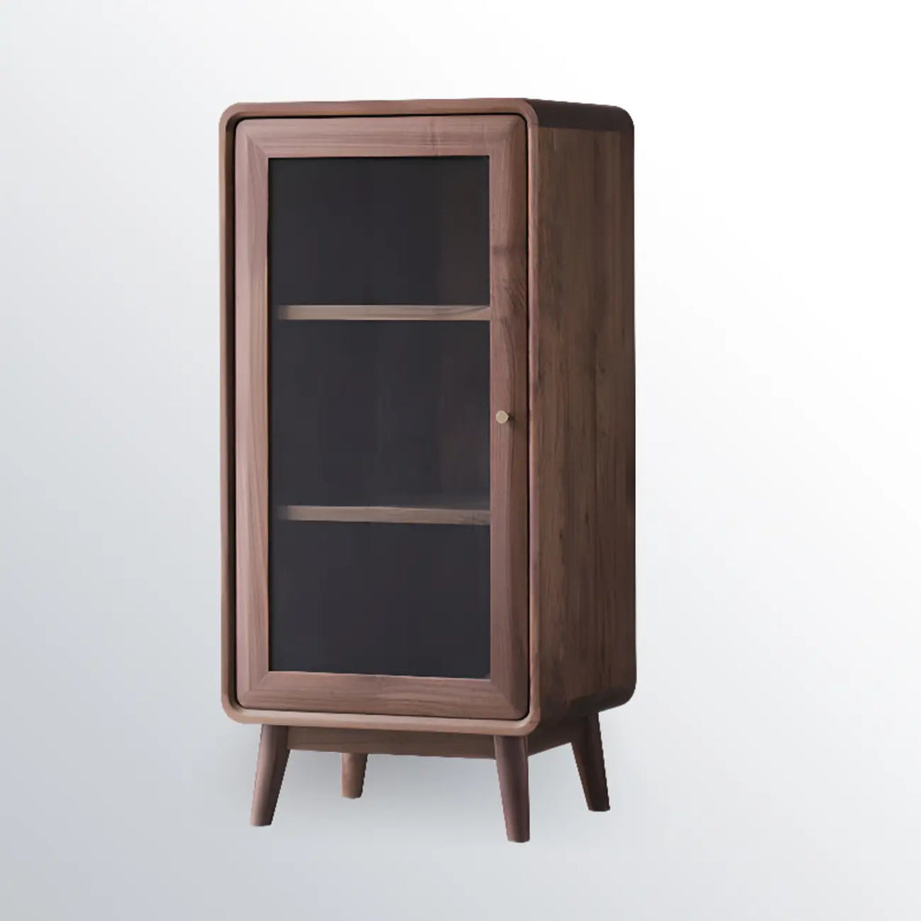 2-Drawer Mid-Century Brown Accent Cabinet with Gass Door