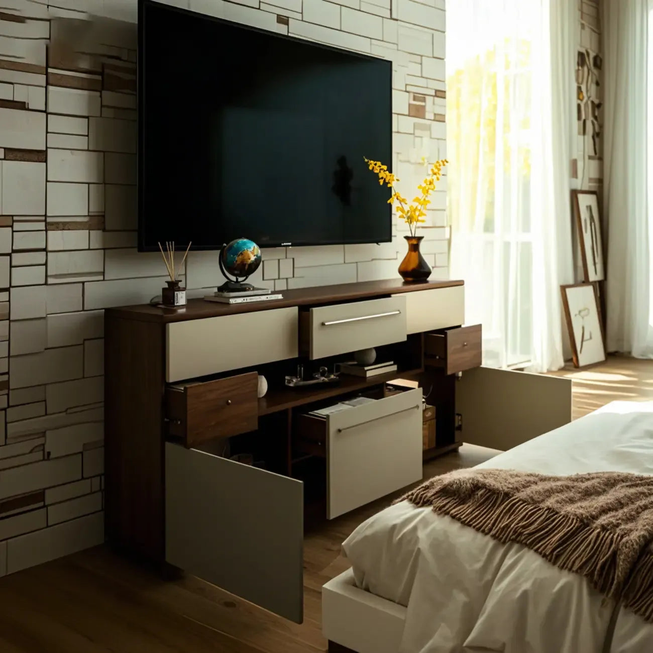 Bedroom Rectangle Grey Wood Enclosed Storage TV Stand