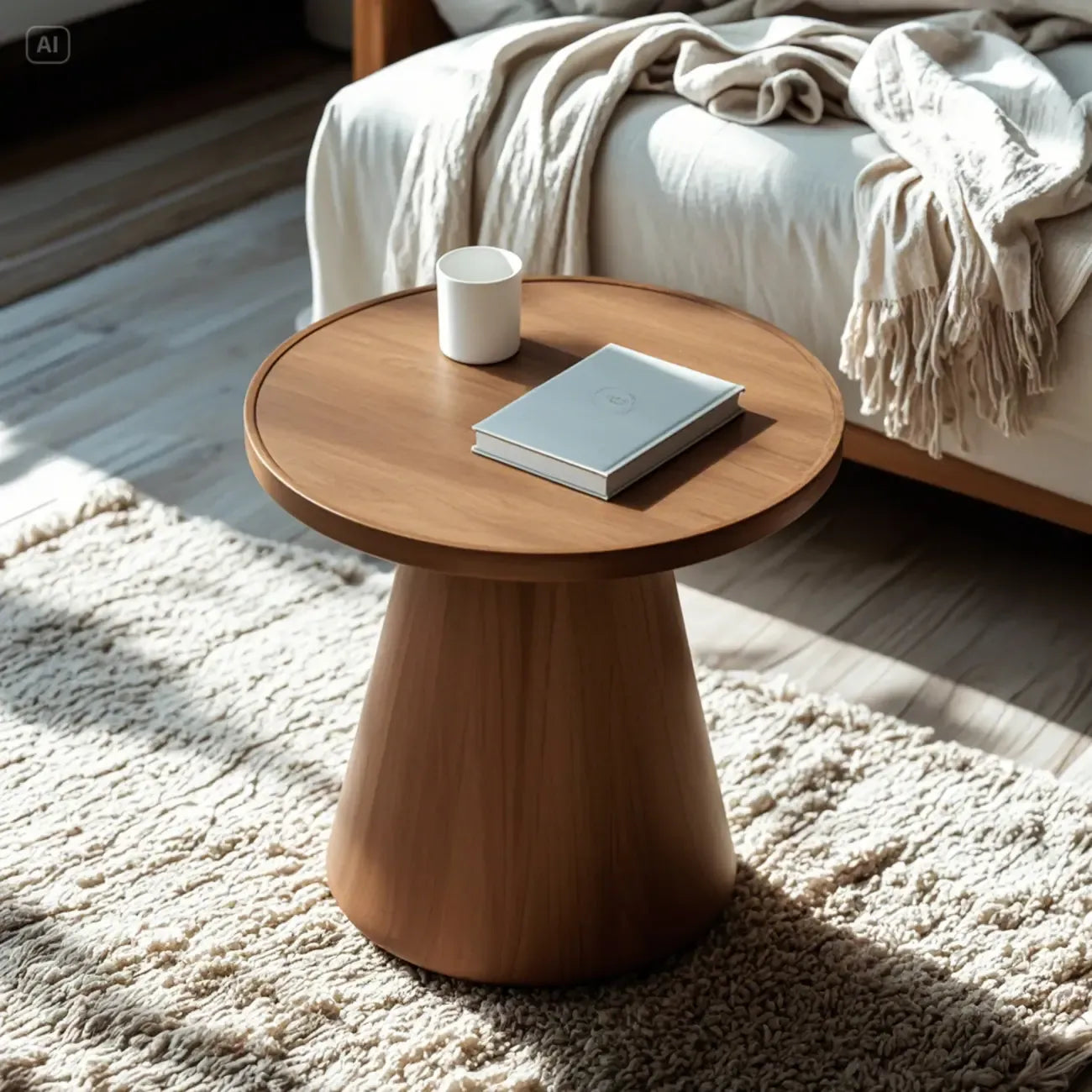 Modern Round Brown Solid Wood End Table for Living Room