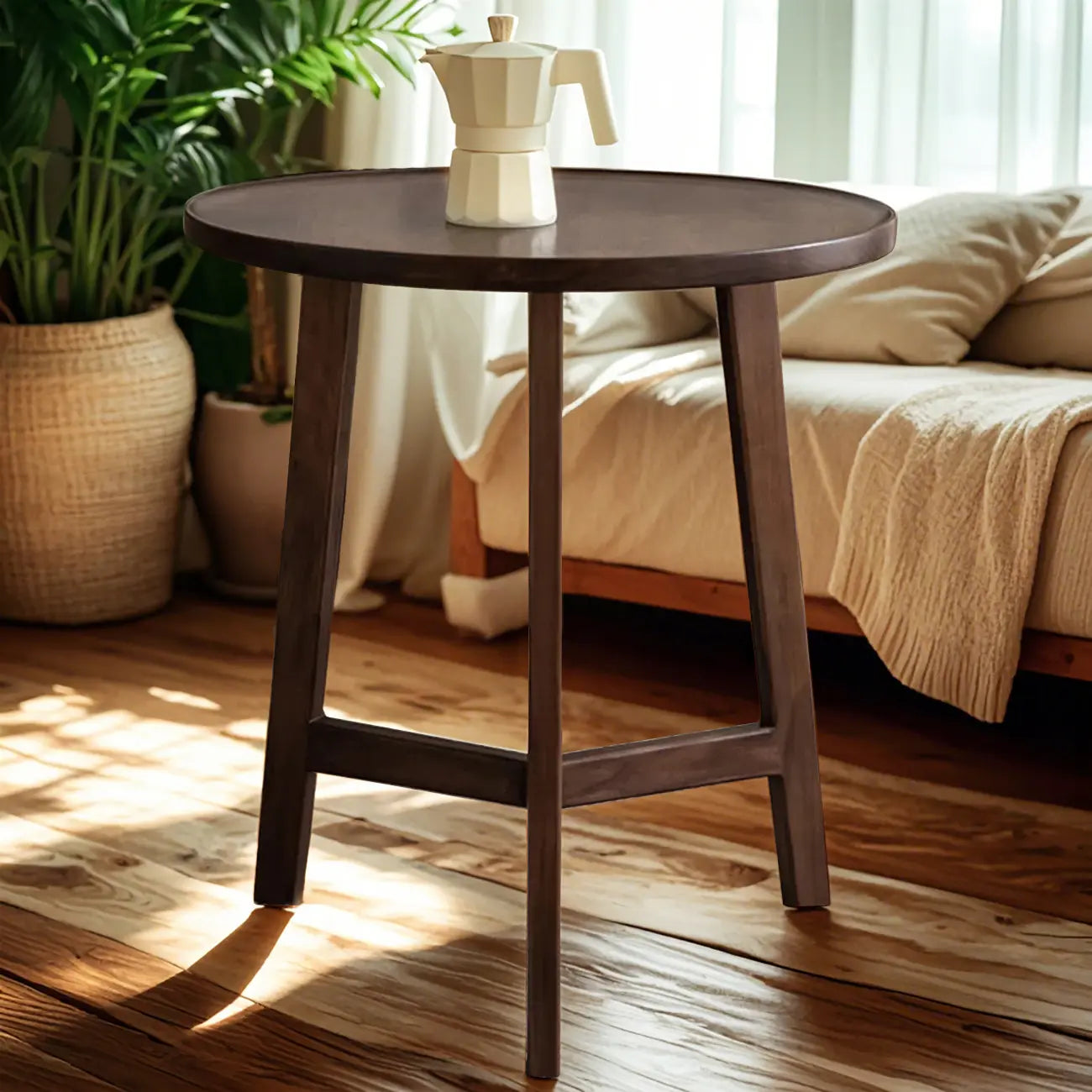 Mid-century Wooden Round Coffee Table Set with Cross Legs