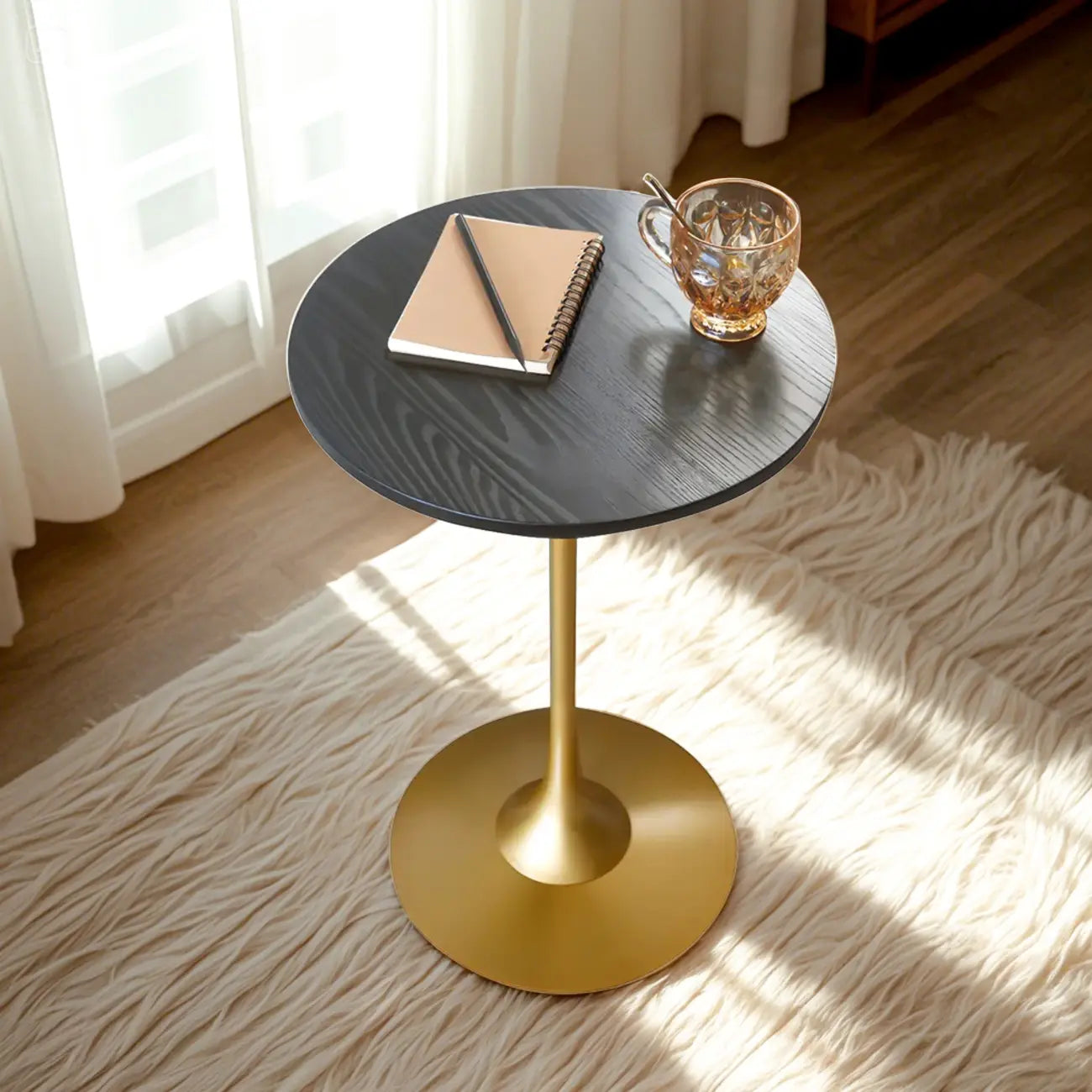 Minimalist Round Brown Wood End Table with Metal Base