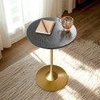 Minimalist Round Brown Wood End Table with Metal Base