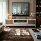 Bohemian White Wood Rattan Mesh TV Stand with Storage
