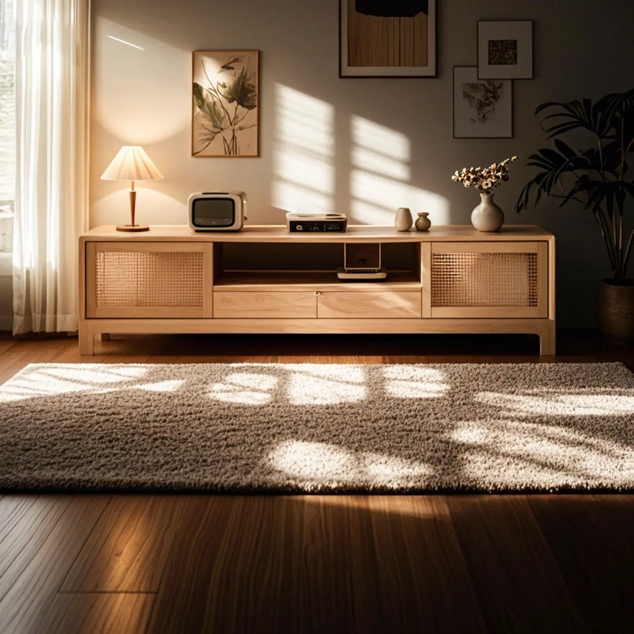 Bohemian White Wood Rattan Mesh TV Stand with Storage