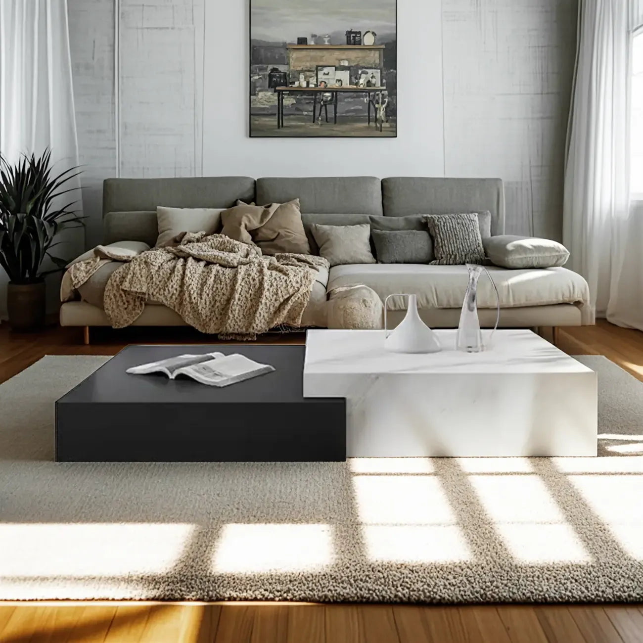 Modern Marble Nesting Coffee Table Set in Black and White