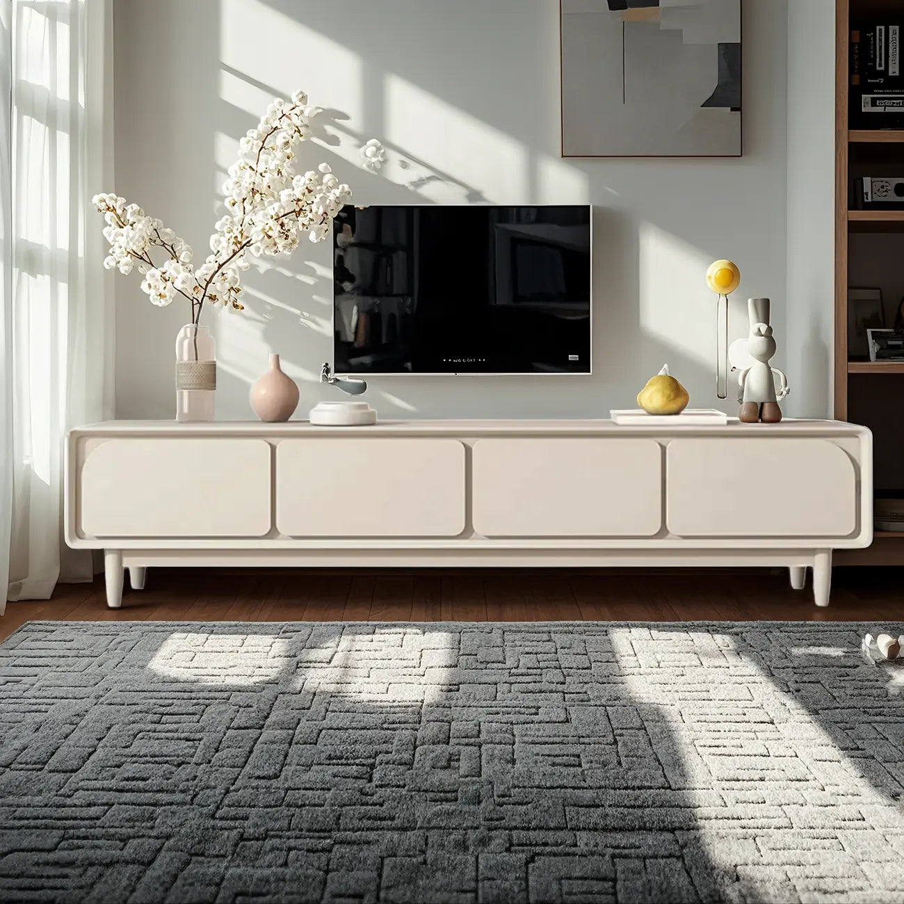 Contemporary Cream Wood Drawers Cable Management TV Stand