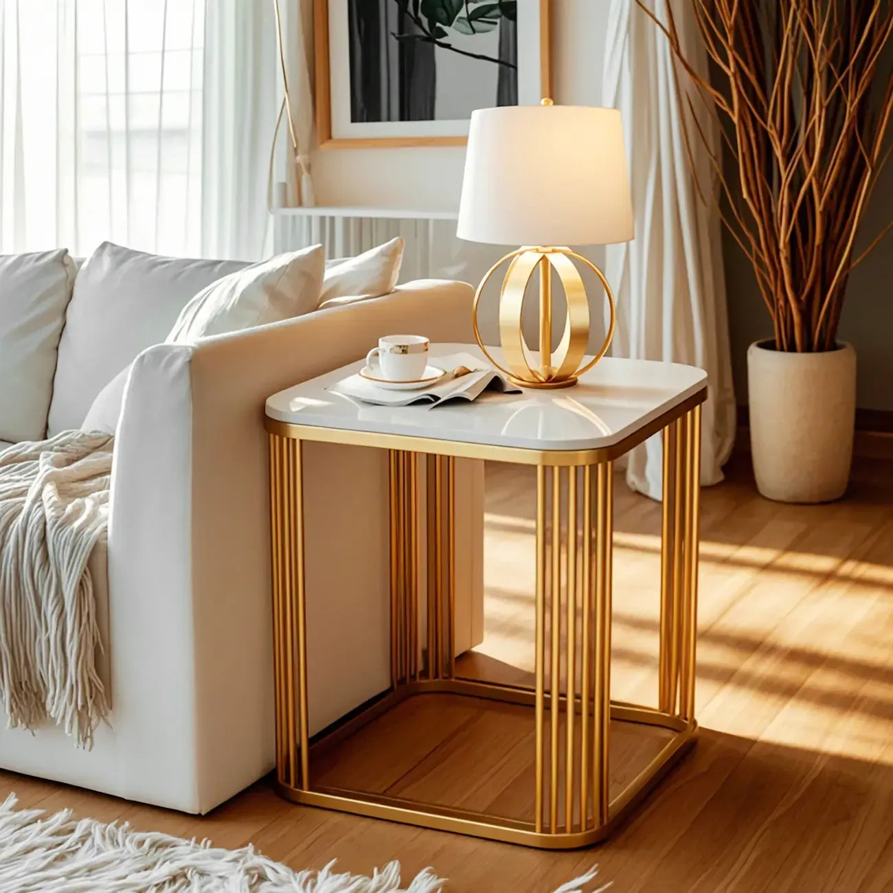 Glam Square Metal & Marble End Table for Living Room