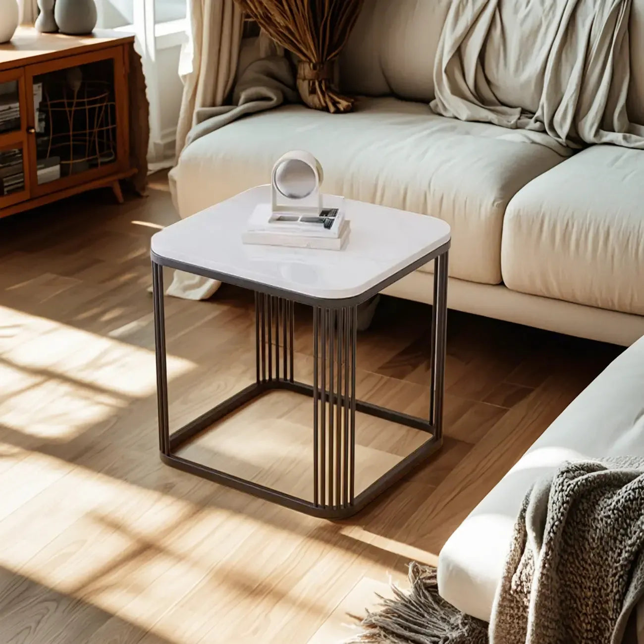 Glam Square Metal & Marble End Table for Living Room