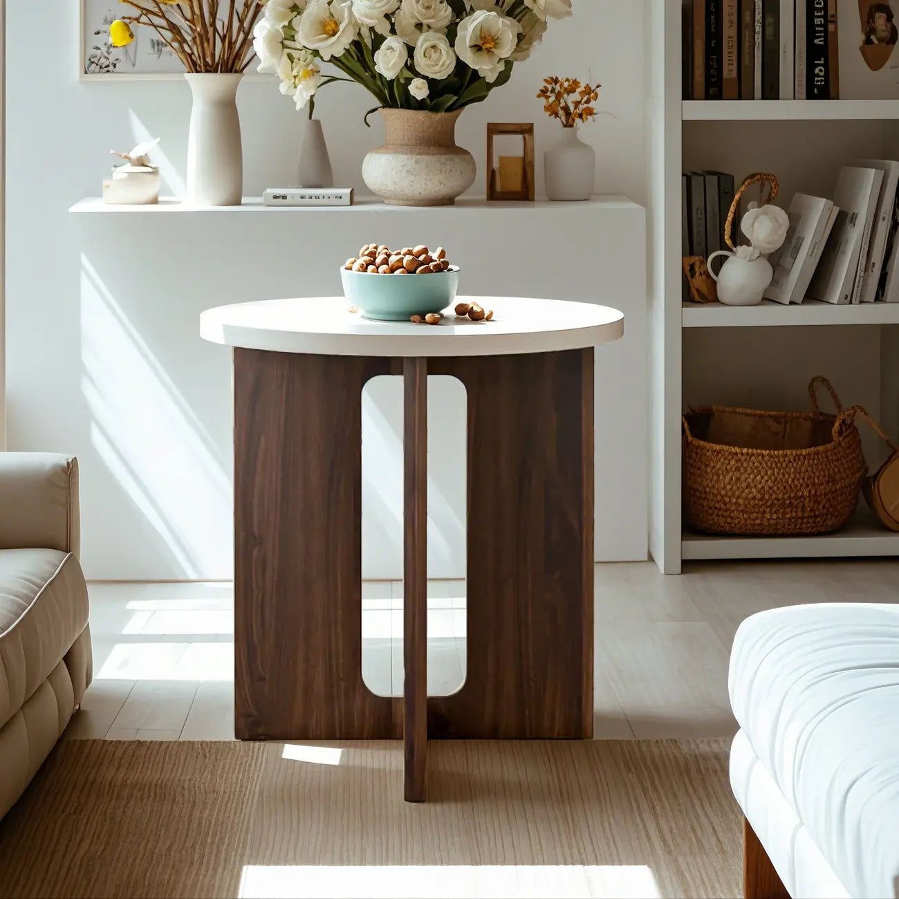 Minimalist Round Brown Wood End Table for Living Room