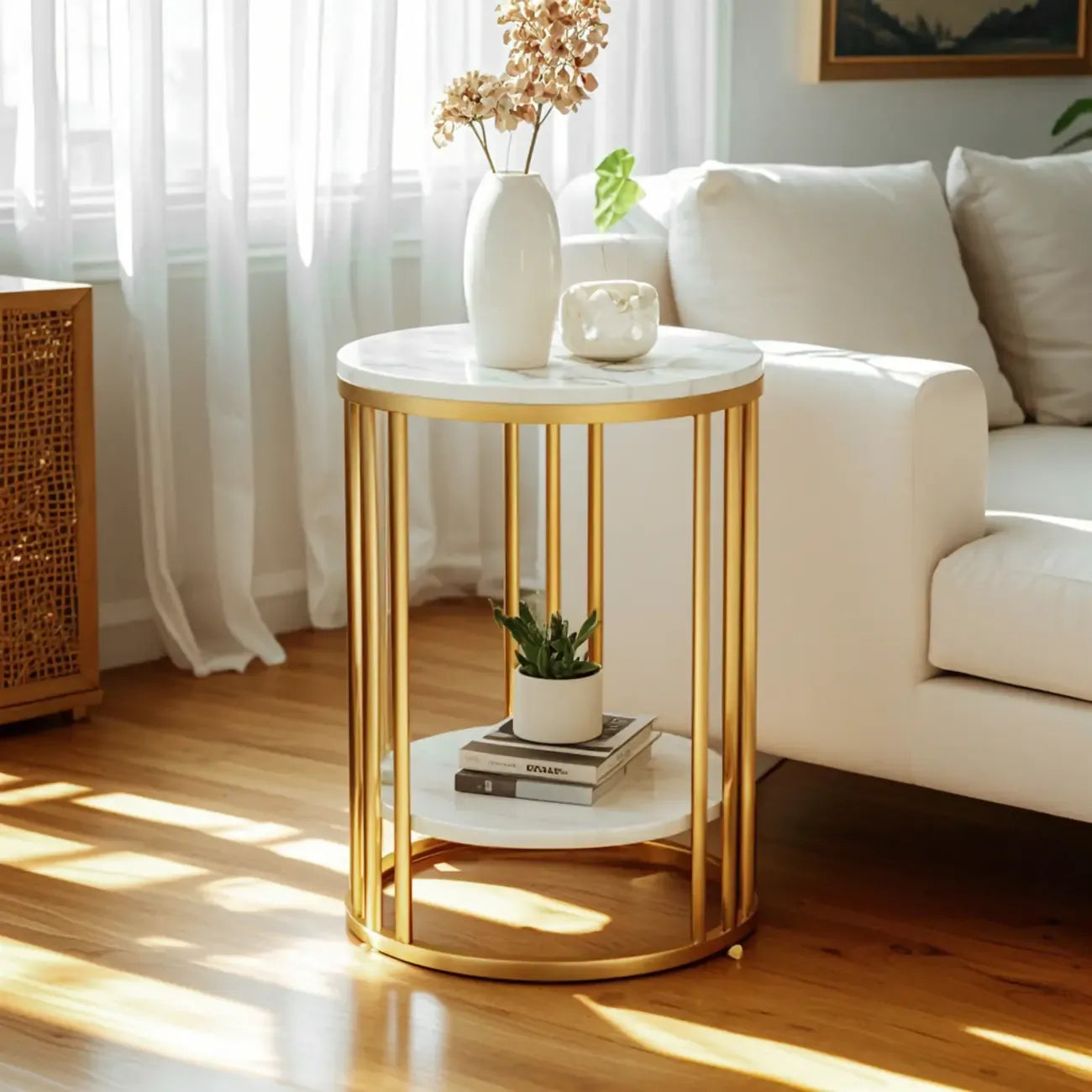 Modern Gold Metal Round 2 Tiers Side Table for Living Room